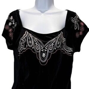 Free People Velvet Embroidered Top M Square Neck  Boho Whimsygoth